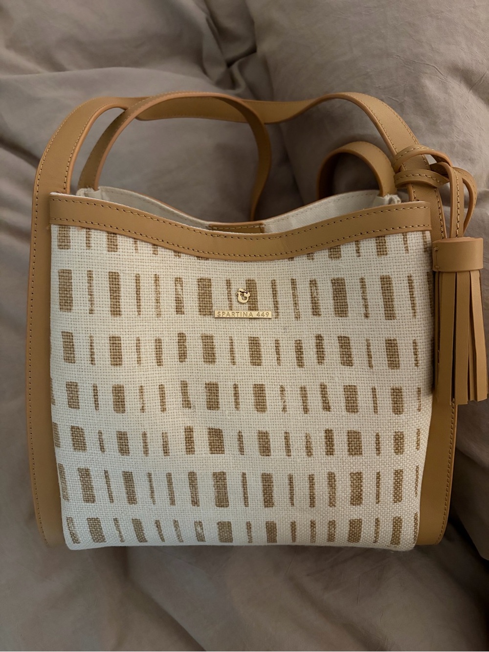 Spartina 449 Cream & Tan Patterned Woven Tote with Tassel